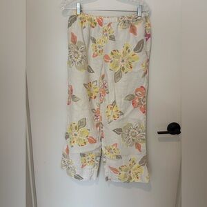 J. Jill 100% Linen Floral Print Wide Leg Crop Pants - Cream, Pink, Yellow Small